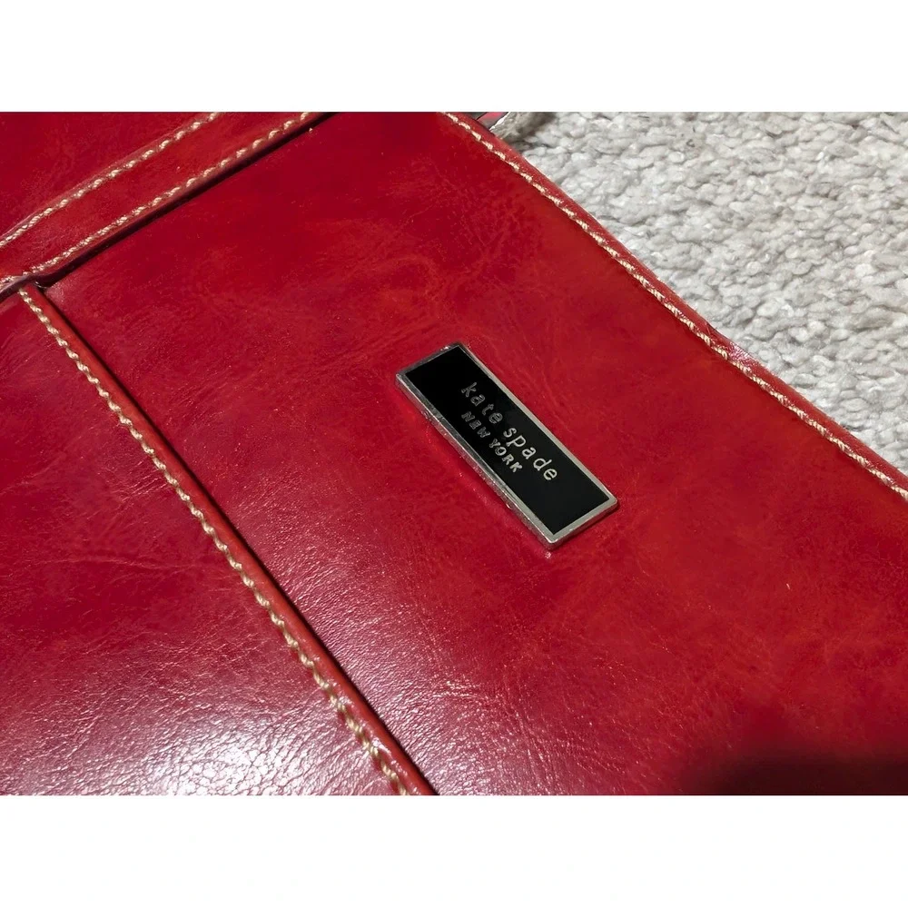 Kate Spade Handbag Women Large Red Leather Tote Shoulder Bag Contrast Stitching